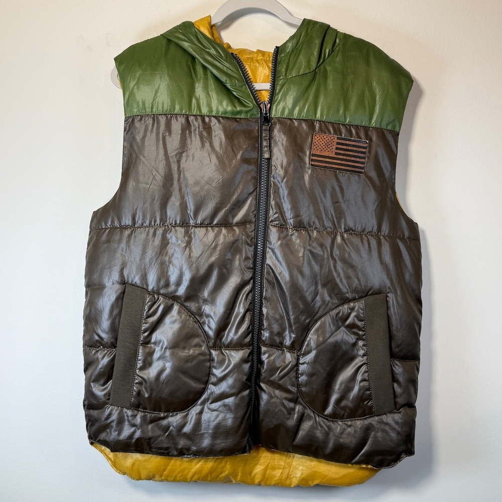 Rocawear Reversible Puffer Vest Mens M Brown Yellow Hooded Y2K Urban Hip Hop 90s